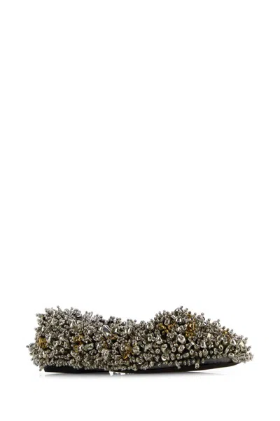 Dries Van Noten Textured Embellished Fabric Ballerina Shoes In Silver