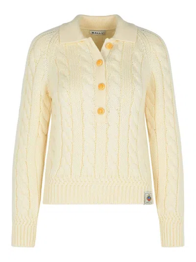 Bally Merino Wool Cable Knit Sweater Collared In White