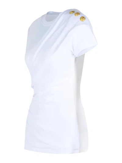 Balmain Cotton T-shirt With Button Detail And Draped Design In White