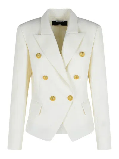 Balmain Double-breasted Structured Denim Blazer With Peak Lapel In White