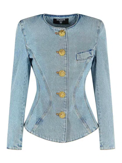 Balmain Cotton Jacket With Long Sleeves And Gold Buttons In Blue