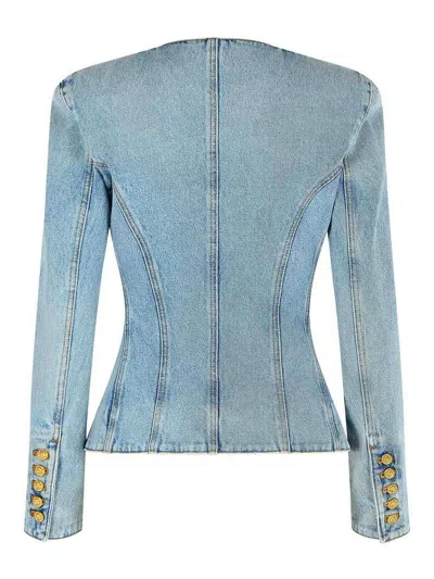 Balmain Cotton Jacket With Long Sleeves And Gold Buttons In Blue