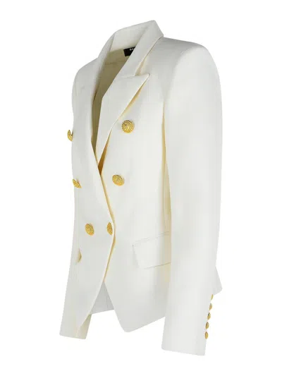 Balmain Double-breasted Structured Denim Blazer With Peak Lapel In White