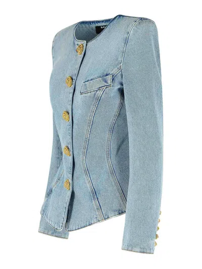 Balmain Cotton Jacket With Long Sleeves And Gold Buttons In Blue