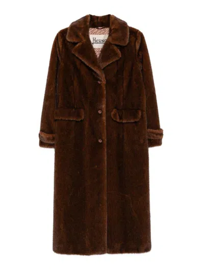 Herno Button-fastening Faux-fur Coat In Brown
