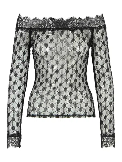 Isabel Marant Sheer Lace Off-shoulder Knit Sweater In Black