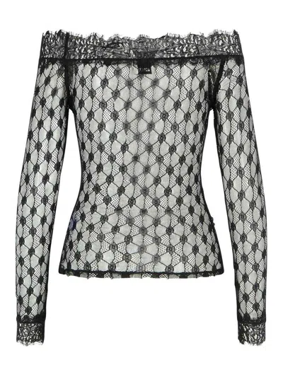 Isabel Marant Sheer Lace Off-shoulder Knit Sweater In Black