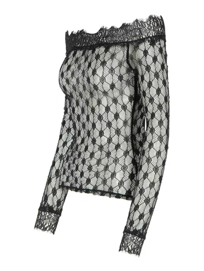Isabel Marant Sheer Lace Off-shoulder Knit Sweater In Black