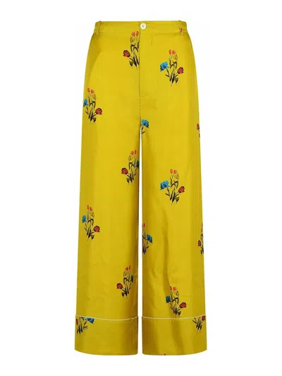 Marni Floral Print Wide Leg Silk Pants In Yellow