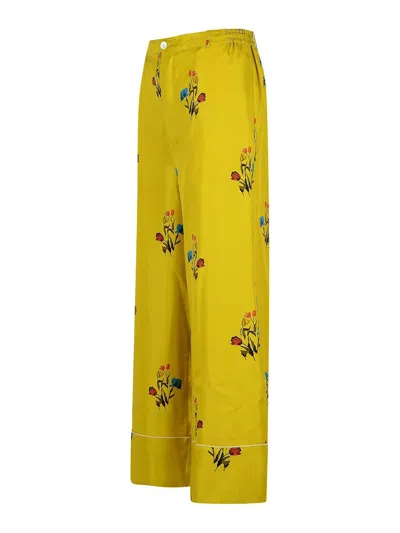 Marni Floral Print Wide Leg Silk Pants In Yellow