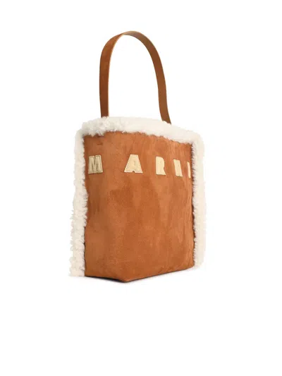 Marni Suede Bag With Shearling Trim And Single Handle In Brown