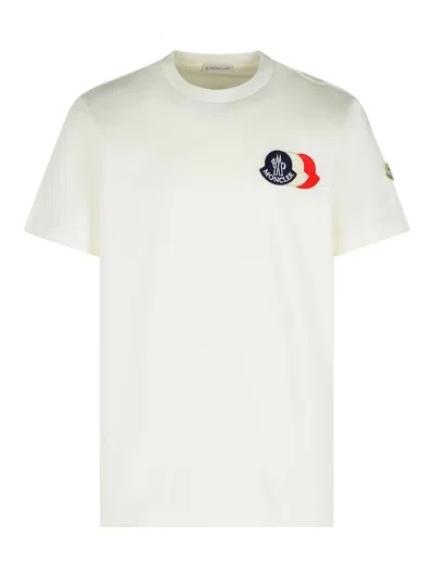 Moncler Ivory Cotton Tricolour Logo T-shirt In White