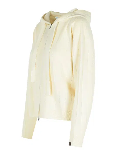 Max Mara Hooded Cashmere Yarn Cardigan Drawstring In White