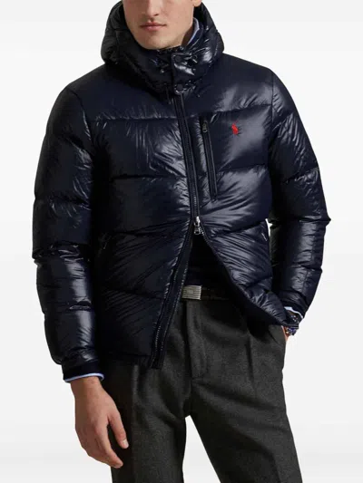 Polo Ralph Lauren Hooded Quilted Bomber Jacket Pockets In Blue