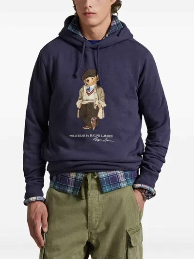 Polo Ralph Lauren Navy Graphic Bear Hoodie With Drawstring In Blue