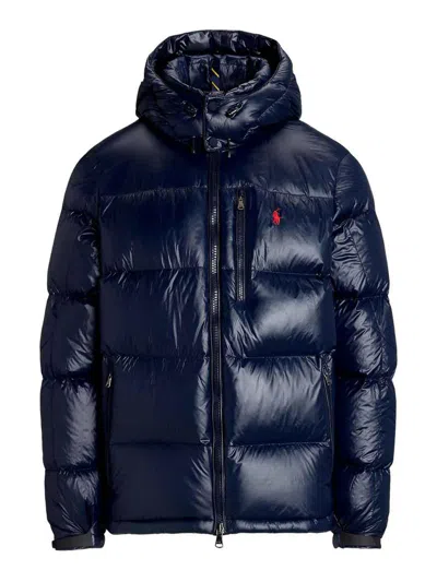 Ralph Lauren Hooded Quilted Bomber Jacket Zip Pockets In Blue