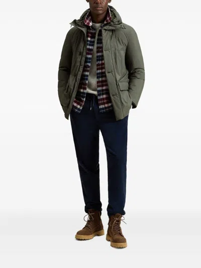 Woolrich Hooded Button-fastening Padded Jacket In Green