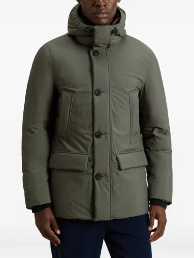 Woolrich Hooded Button-fastening Padded Jacket In Green