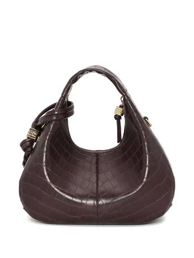 Ganni Croco Hobo Mini Bag In Recycled Leather In Brown