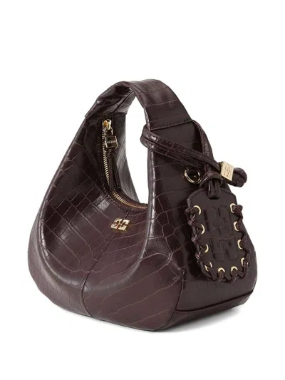 Ganni Croco Hobo Mini Bag In Recycled Leather In Brown