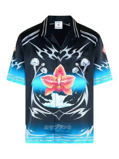 Casablanca Floral Graphic Short Sleeve Satin Top In Black