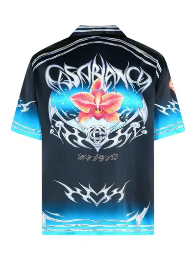 Casablanca Floral Graphic Short Sleeve Satin Top In Black