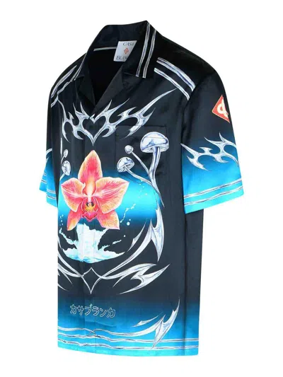 Casablanca Floral Graphic Short Sleeve Satin Top In Black