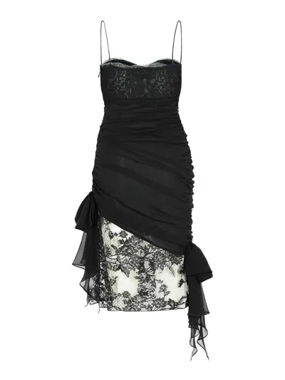 Alessandra Rich Silk Mini Dress Lace Overlay In Black