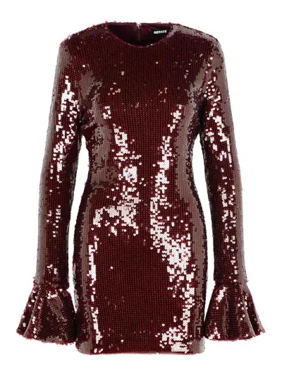 Rotate Birger Christensen Bordeaux Sequin Crewneck Mini Dress With Flared Sleeves In Tech Fabric Stretch Woman In Red