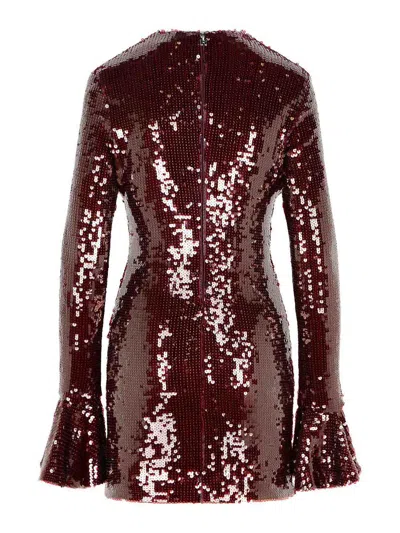 Rotate Birger Christensen Bordeaux Sequin Crewneck Mini Dress With Flared Sleeves In Tech Fabric Stretch Woman In Red