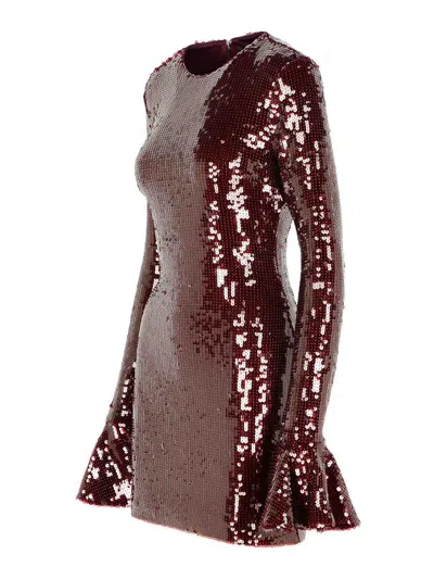 Rotate Birger Christensen Bordeaux Sequin Crewneck Mini Dress With Flared Sleeves In Tech Fabric Stretch Woman In Red