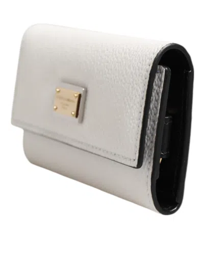 Dolce & Gabbana White Leather Card Case Holder Wallet Gold Logo Plate  Key Holder In White