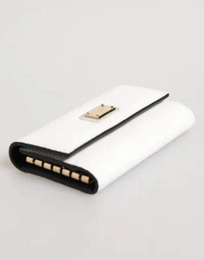Dolce & Gabbana White Leather Card Case Holder Wallet Gold Logo Plate  Key Holder In White