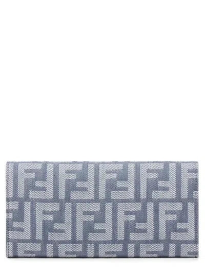 Fendi Ff Print Denim Wallet In Blue