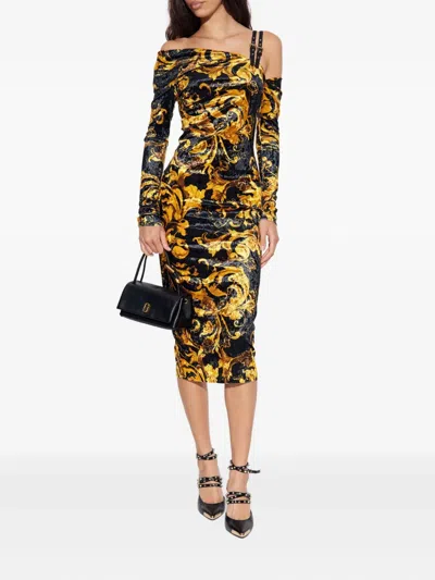 Versace Jeans Couture Off-shoulder Patterned Midi Party Dress In Multi