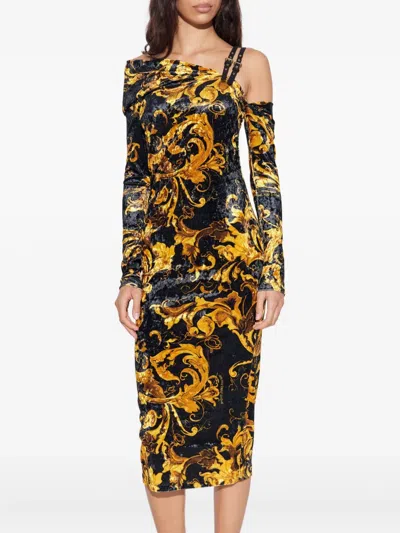 Versace Jeans Couture Off-shoulder Patterned Midi Party Dress In Multi