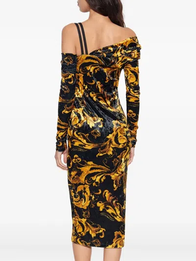 Versace Jeans Couture Off-shoulder Patterned Midi Party Dress In Multi