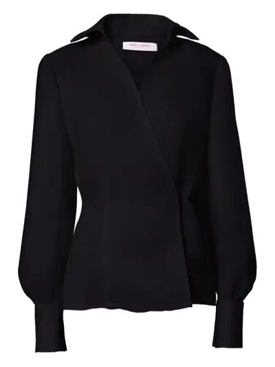 Carolina Herrera Silk Puff Sleeve Collared Wrap Top In Black