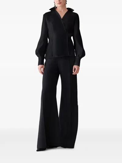 Carolina Herrera Silk Puff Sleeve Collared Wrap Top In Black