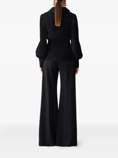 Carolina Herrera Silk Puff Sleeve Collared Wrap Top In Black