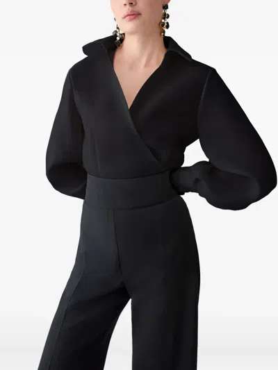 Carolina Herrera Silk Puff Sleeve Collared Wrap Top In Black
