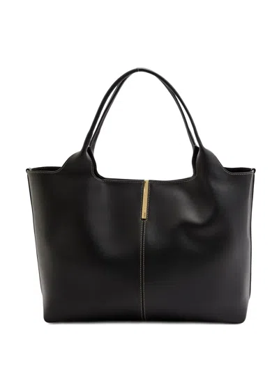 Tod's Black Tote Bag With Logo Plaque On The Front And Contrasting Stitching In Black