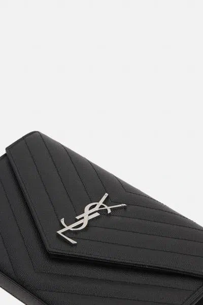 Saint Laurent Monogramme Quilted Leather Wallet On A Chain In Black