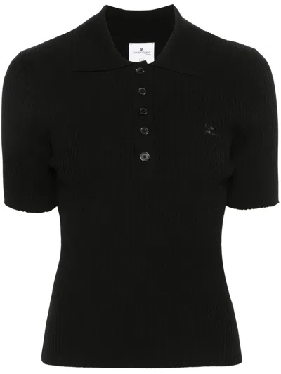 Courrèges Ribbed Short-sleeved Polo Shirt With Buttoned Placket In Black