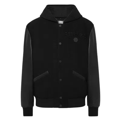 Philipp Plein Logo Bomber Jacket With Hood And Leather Sleeves In Black