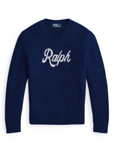 Polo Ralph Lauren Mens Crewneck Logo-motif Wool And Alpaca Jumper Blue Xxl In Blue