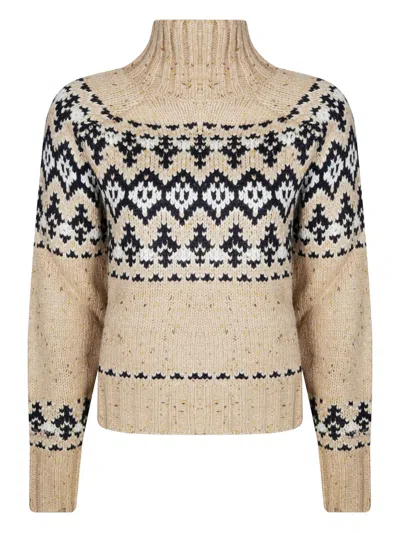Mc2 Saint Barth Myra Donegal Sweater In Beige Wool Blend With Fair Isle Jacquard In Brown