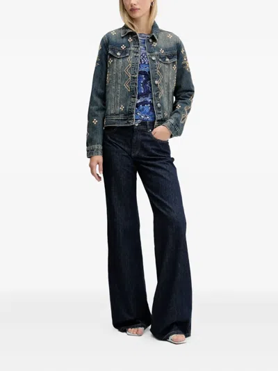 Desigual Metallic Embroidery Denim Trucker Jacket In Blue