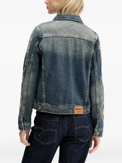 Desigual Metallic Embroidery Denim Trucker Jacket In Blue