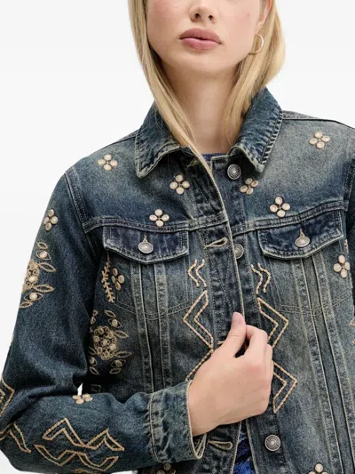 Desigual Metallic Embroidery Denim Trucker Jacket In Blue